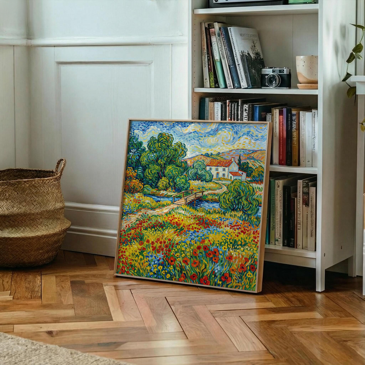 Print leaning on the floor of Vibrant Landscape Art with a wildflower meadow and house near a bookshelf