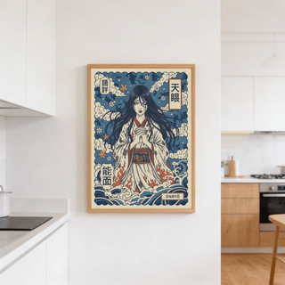 Print on a wall of a spirit woman in Japanese woodblock style with blue and cream tones in a kitchen