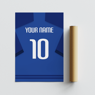 Football shirt poster in blue with dark blue sleeves and white number next to a packaging tube