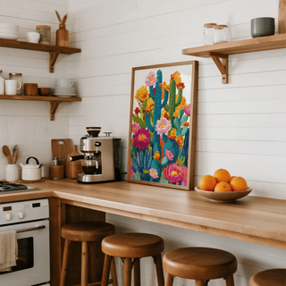 Print leaning on a kitchen counter of colourful cactus flower art with pink and yellow blooms and wooden stools