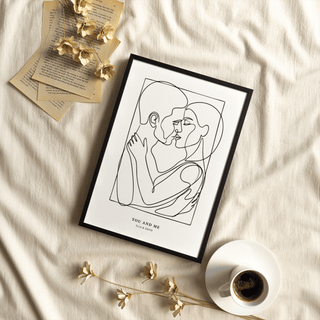 Abstract Figures framed print of embracing couple line-art on cream textile with coffee and dried flowers