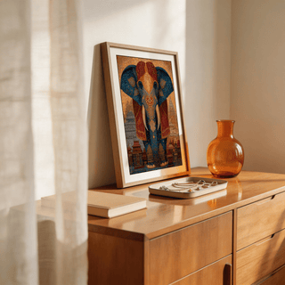 Print leaning on a wooden surface showing a decorated elephant in blue and orange tones with buildings in the background