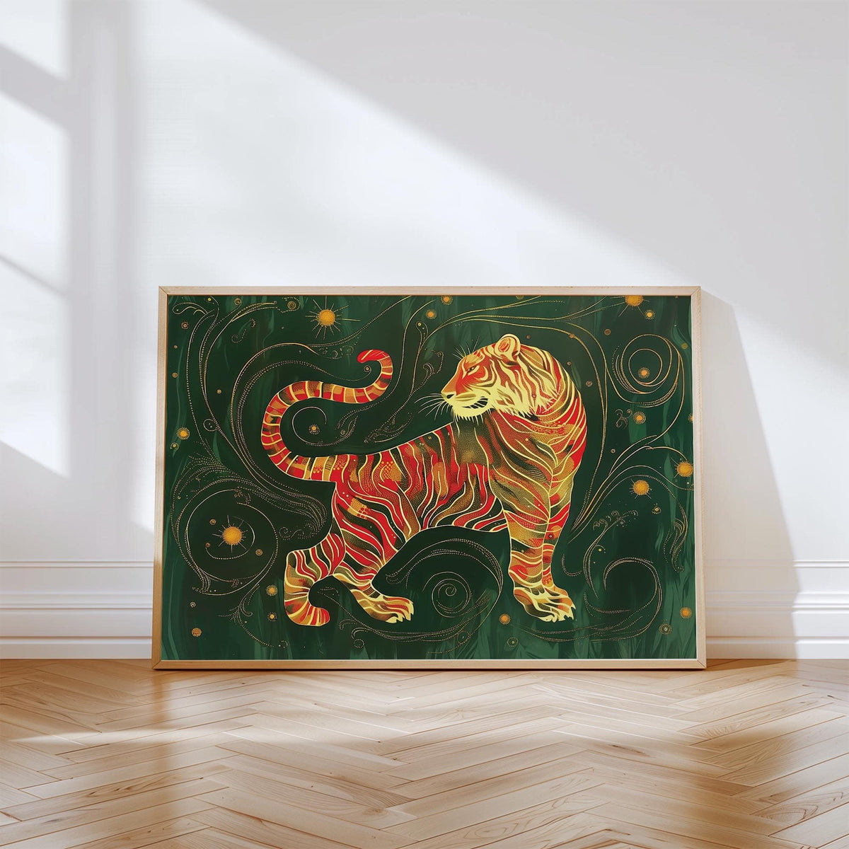 Oriental wall art print of a golden tiger in red and gold leaning on a wooden floor with sunlight