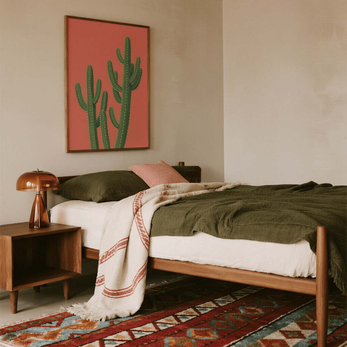 Print on a wall of a saguaro cactus illustration with a pink background above a wooden bedside table