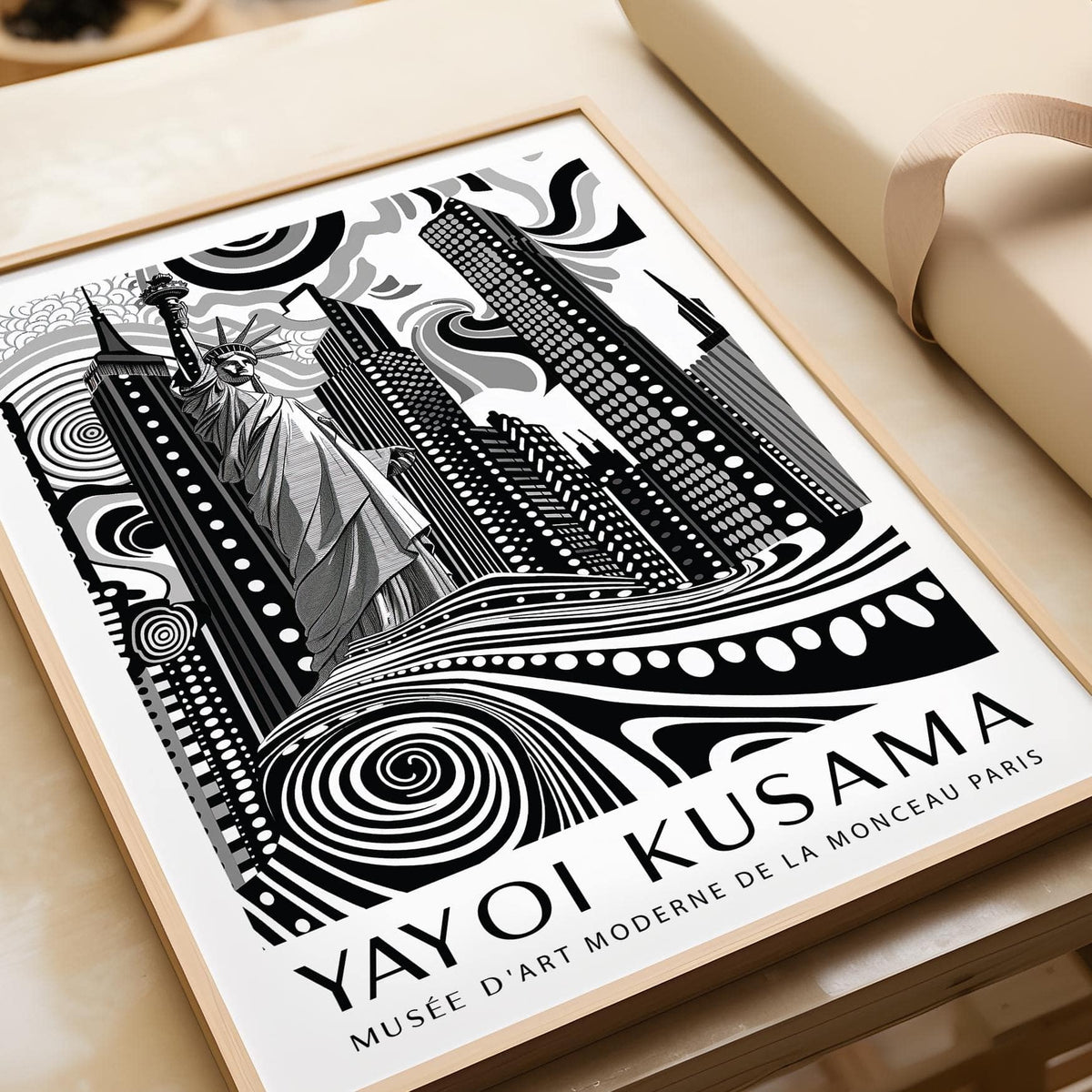 Close-up of New York Cityscape wall art in black and white with abstract patterns and text on cream surface