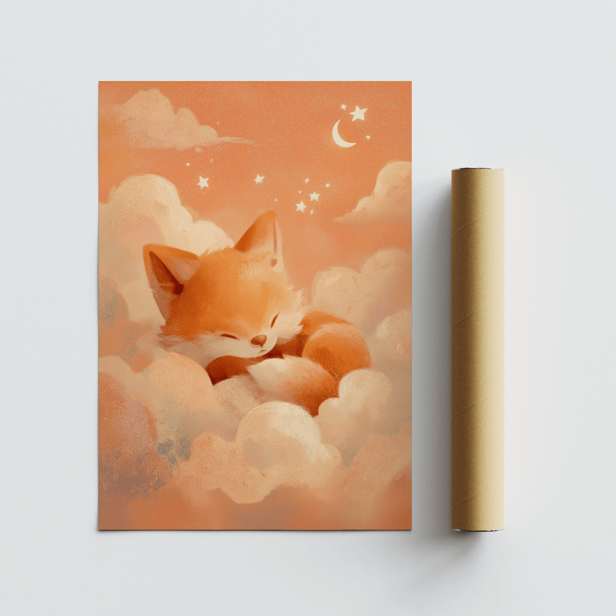 Sleeping Fox Art Print with orange and cream watercolour illustration beside a packaging tube