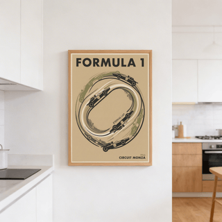 Simplified oval track map art with bold typography and stylized car outlines