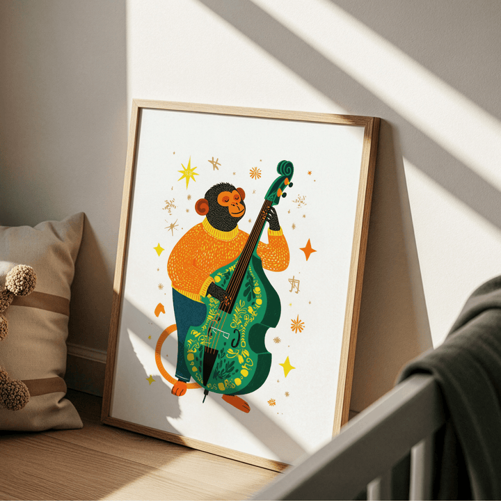 Musical Monkey art print leaning on a floor with sunlight and a cushion nearby