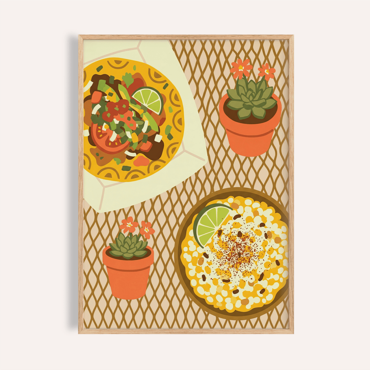 Framed Taco wall art showing a taco and corn dish with two small potted plants