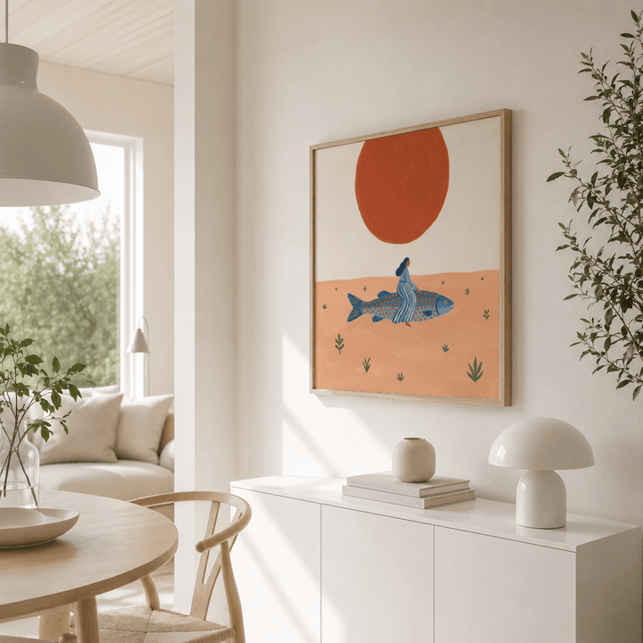 Surreal Fish Art Print leaning on wall above sideboard with books and lamp in natural dining room