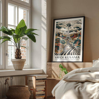 Eiffel Tower Art print leaning on a wooden bedstead with a green plant nearby in a bright bedroom