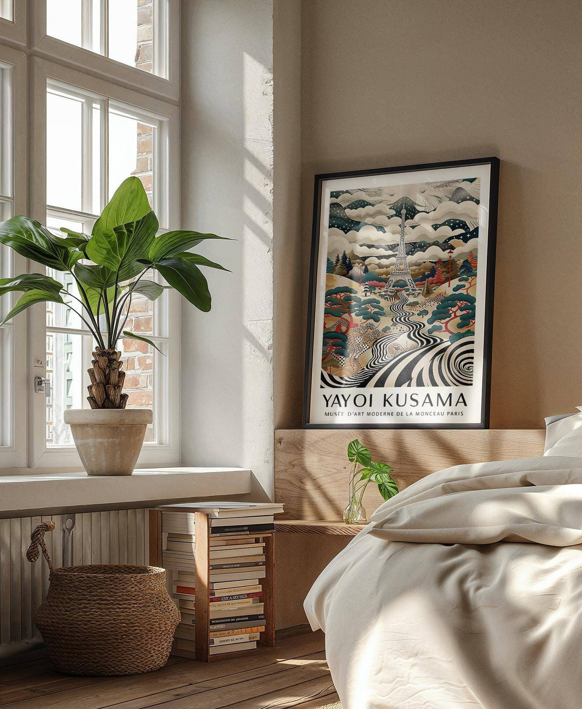 Eiffel Tower Art print leaning on a wooden bedstead with a green plant nearby in a bright bedroom