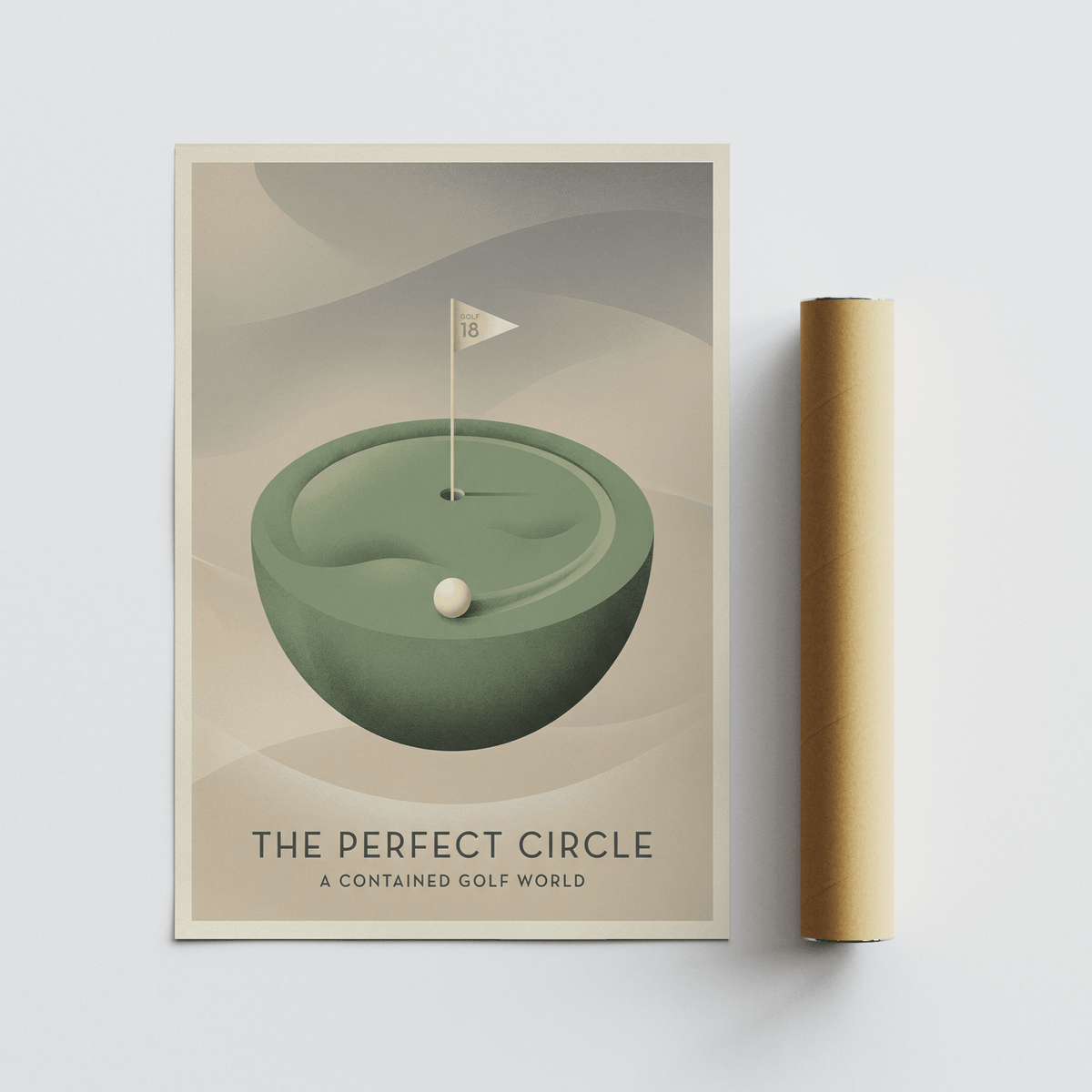 Rolled print with minimalist circular golf hole design in green tones and a beige background alongside a brown tube