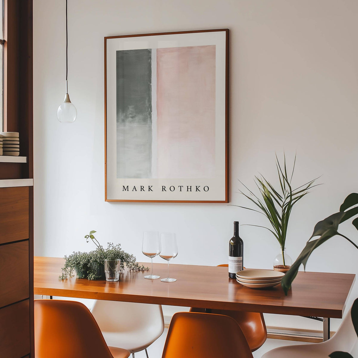 Art wall painting with abstract pastel blocks above a wooden dining table with plants and wine