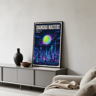 Print leaning on a shelf showing a tennis ball planet over Shanghai skyline in neon blue and green