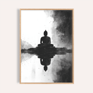 Framed Meditation Art Print of a meditating Buddha silhouette with black and grey tones