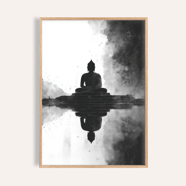 Framed Meditation Art Print of a meditating Buddha silhouette with black and grey tones
