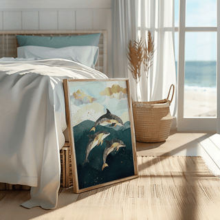 Dolphins poster leaning on the floor by a bed with light bedding and wicker basket near a window