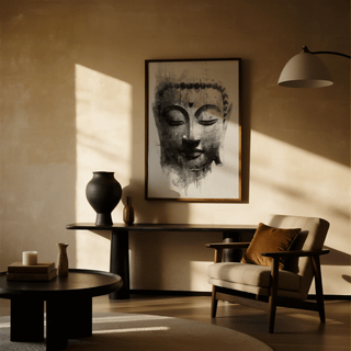 Print of Buddha face in black and grey watercolour above a table with a dark vase in a warm toned room