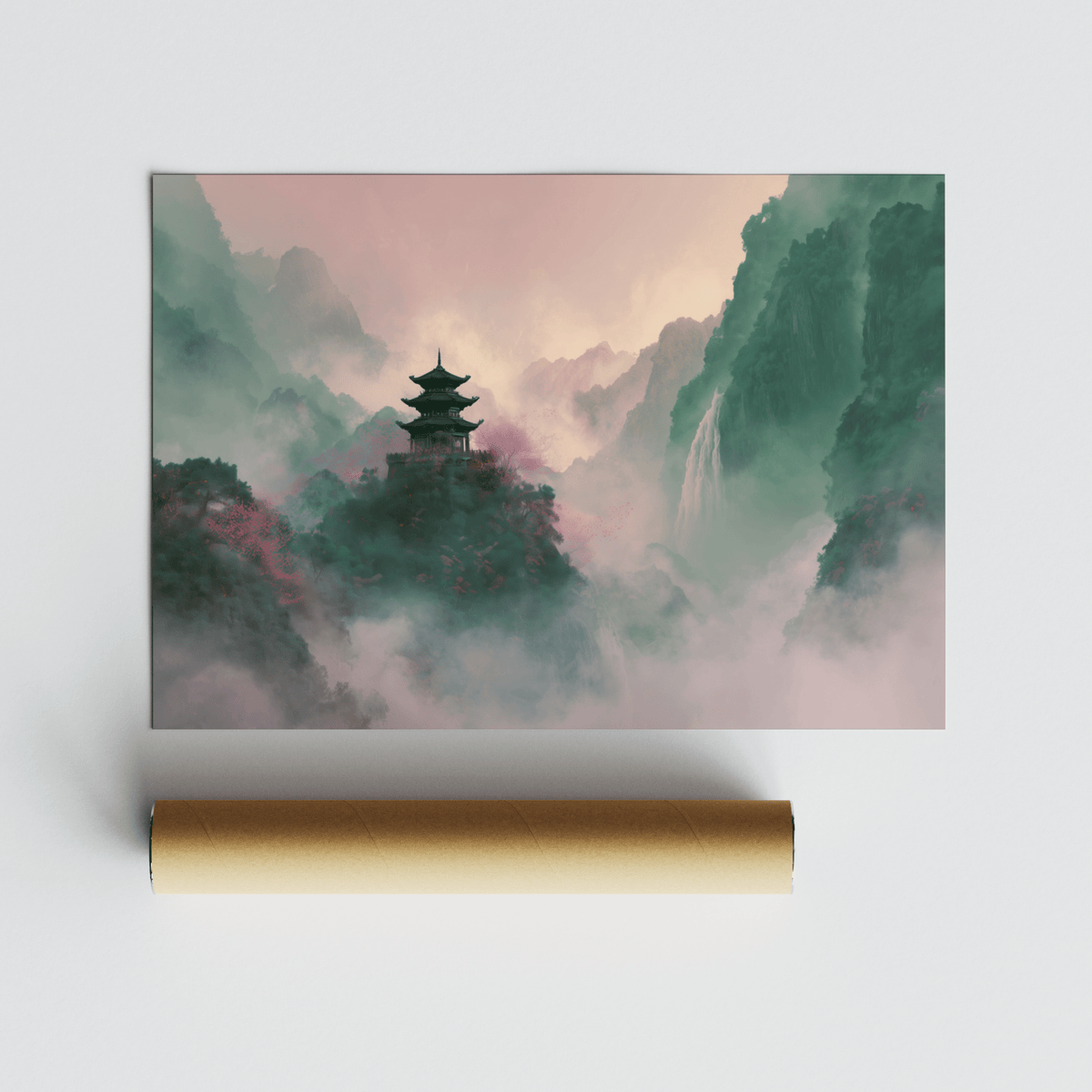 Misty Mountain Temple Art print with soft green and pink tones shown with a packaging tube