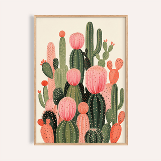 Framed Cactus Print of stylised cactus cluster in green and pink shades