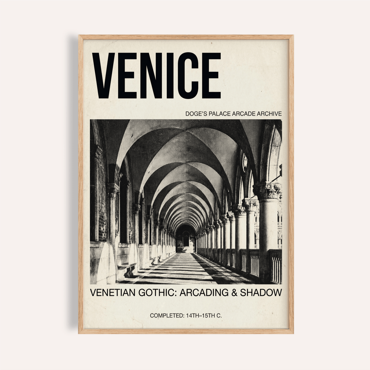 Framed close-up of Venetian Gothic wall art showing a monochrome arcade with shadows and architectural details