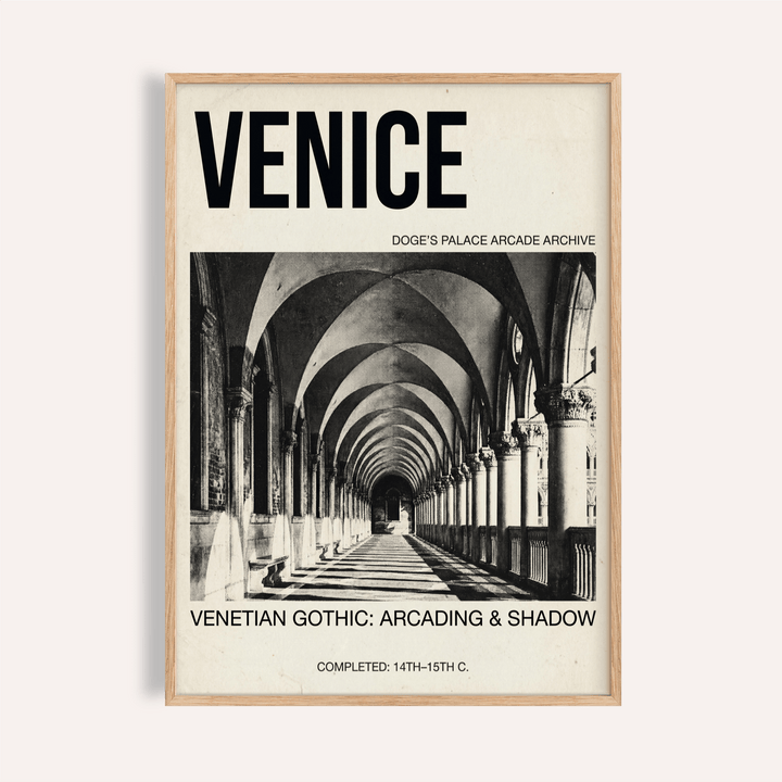Framed close-up of Venetian Gothic wall art showing a monochrome arcade with shadows and architectural details