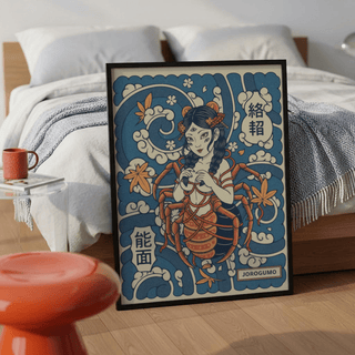 Print leaning on floor of Jorogumo Art showing a spider woman myth in blue and orange near a red stool