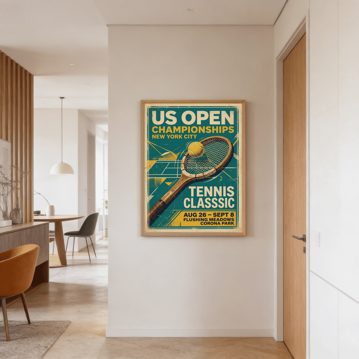 Vintage New York Tennis Print on wall showing a retro racket and yellow ball in a modern hallway