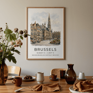 Brussels Architectural Art Print watercolour of the Grand Place with birds above a dining table
