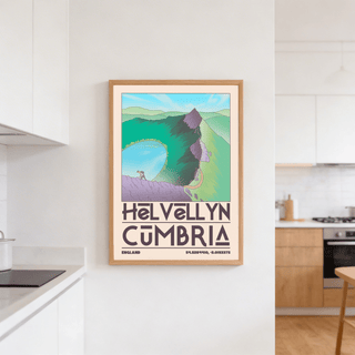 Helvellyn Cumbria wall art with green hills and a purple mountain hanging in a white kitchen