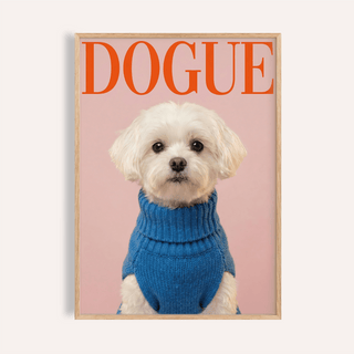 Close-up of Maltese Dog wall art with a white dog in a blue sweater against a pink background