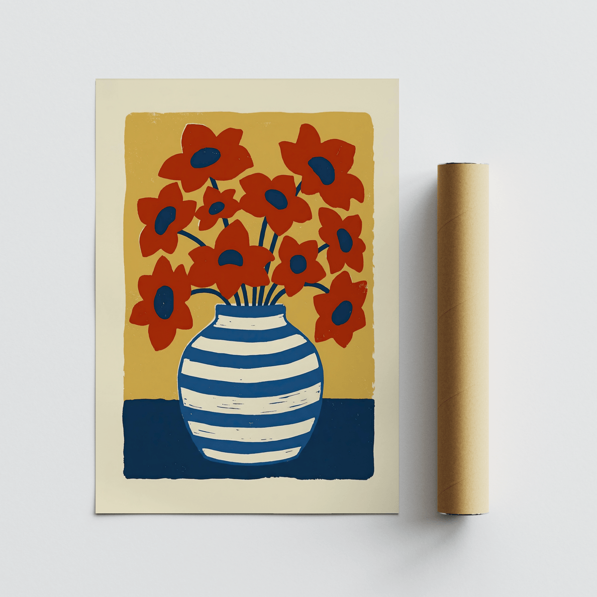 Vase Poster print with a striped vase and red flowers alongside a brown packaging tube