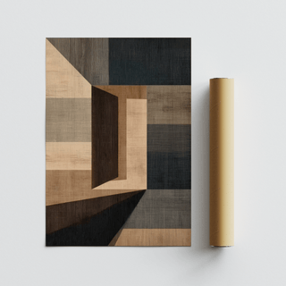Abstract geometric wall art with brown and black blocks displayed alongside a packaging tube