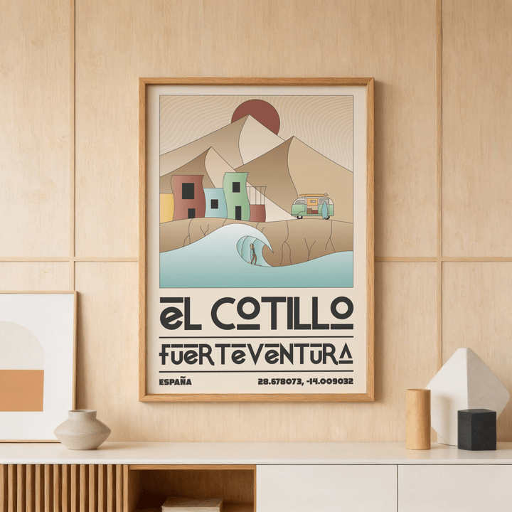 El Cotillo Surfing Poster framed print of a surfer in a wave with muted earth tones on a natural wood wall