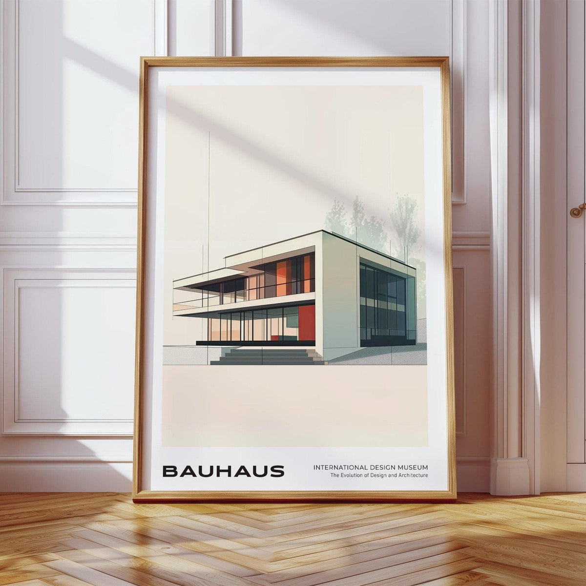 Two-story modernist building in Bauhaus architecture poster for design studios