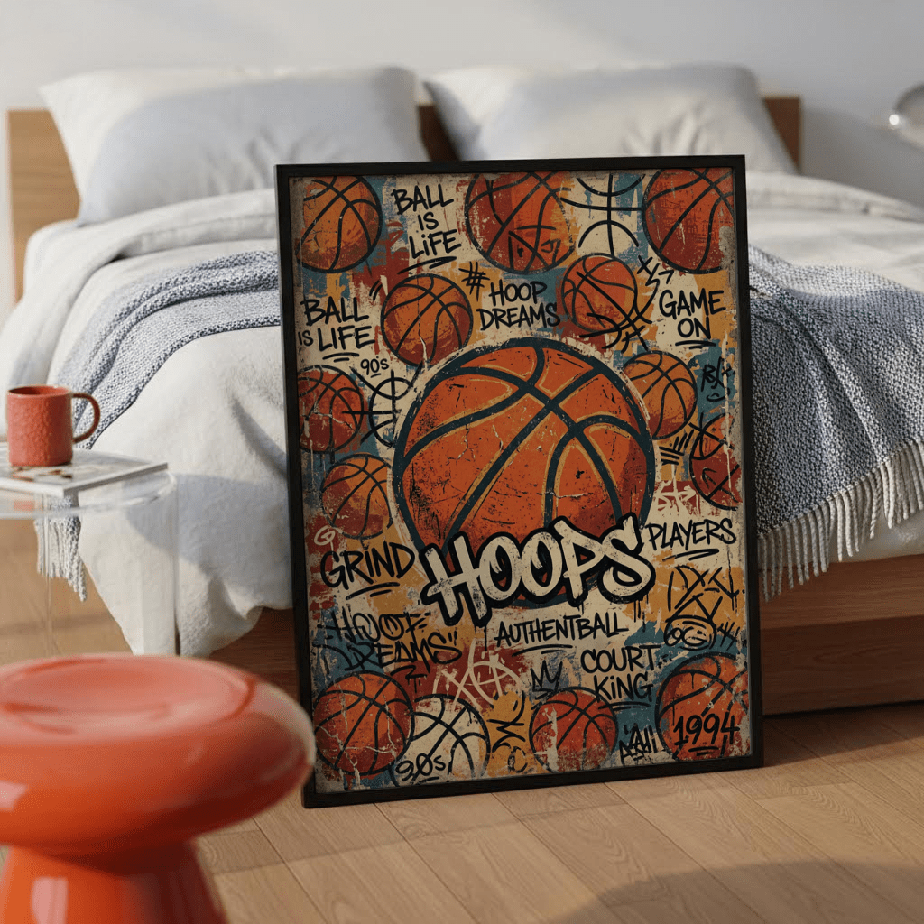Vintage-look basketball poster print with grunge texture and sketchy linework