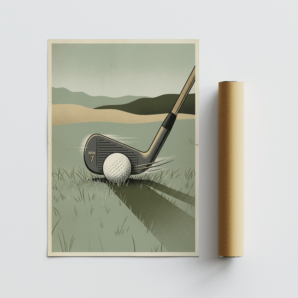 Golf Iron Seven Print showing a minimalist illustration of a seven iron golf club and ball with muted green and beige tones beside