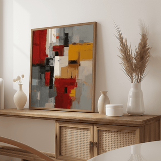 Colorful Abstract Poster Art leaning on a wooden sideboard with beige vases and pampas grass in a bright room