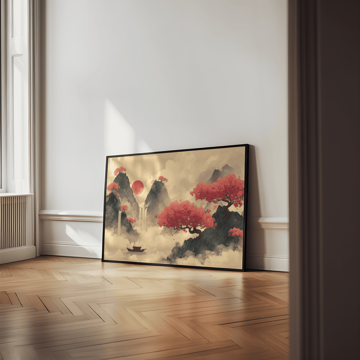 Chinese Ink wall art of red cherry blossom trees and misty mountains leaning on a bright white wall with parquet floor
