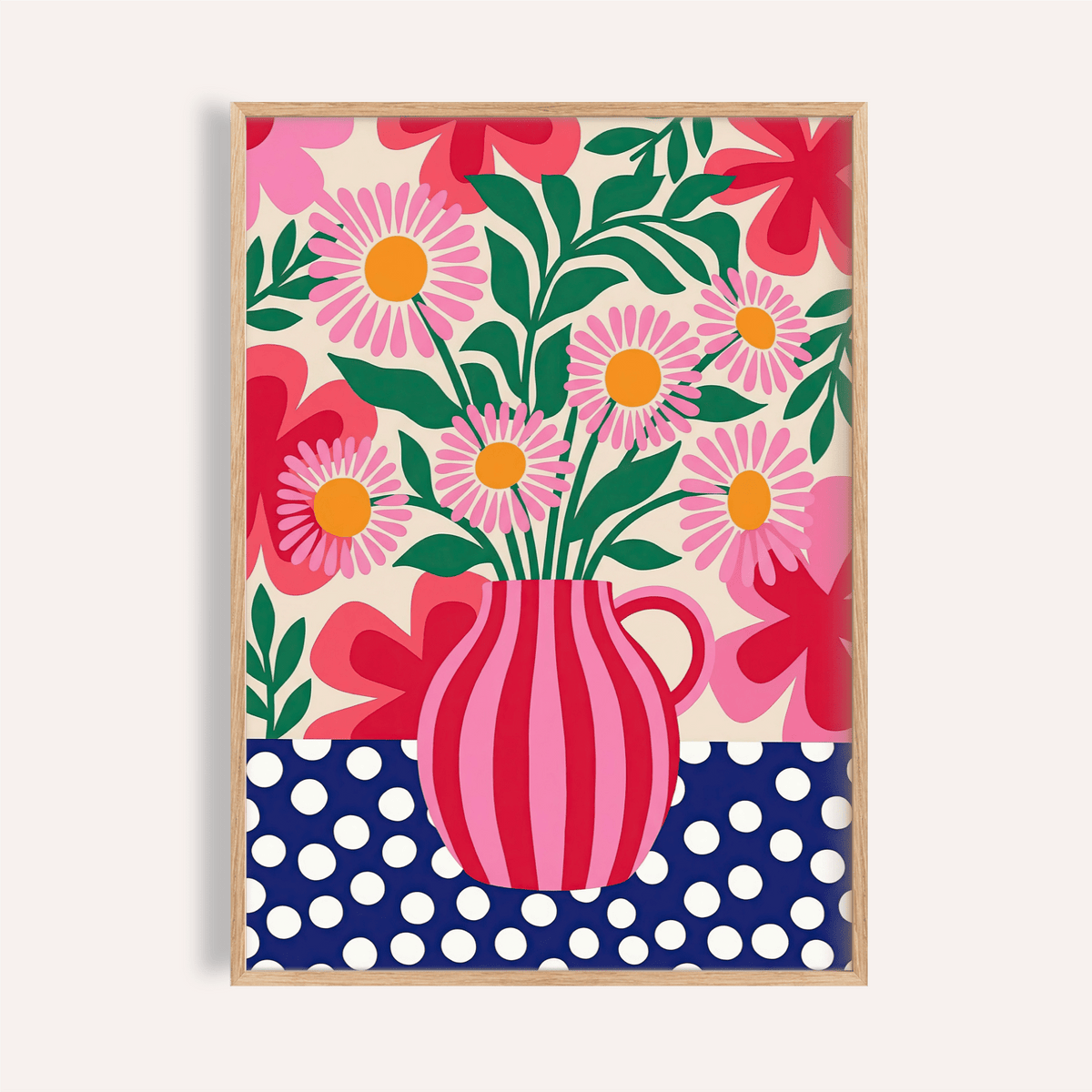 Framed Colorful Flower Art Print with pink daisies and green leaves in a red striped vase