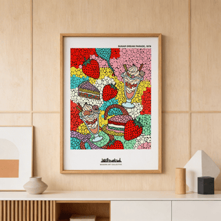 Framed Pop Art Dessert print featuring ice cream sundaes and strawberries in bright colours on a wooden panel wall