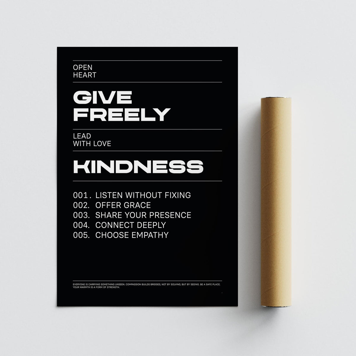 Art with Quote poster with white motivational text on a black background beside a brown packaging tube