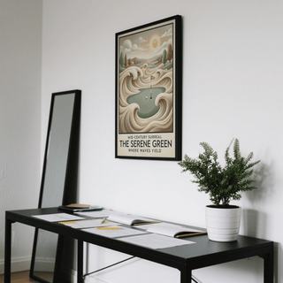 Mid-century Golf Wall Art with golf putting green and waves above a black table with a plant