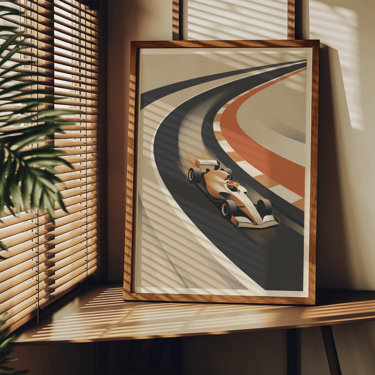 Print leaning on a shelf of a minimalist formula race car on a retro track with orange and grey tones beside a leafy plant