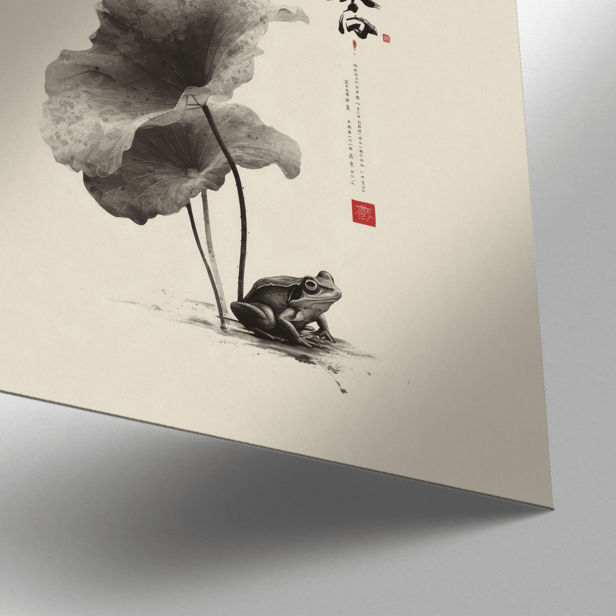 Detail close-up of Japanese Frog Art showing a frog and lotus leaves in black and white Japanese ink style
