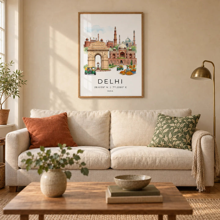 Delhi Landmark Art Print, framed on the wall of a warm living room in a UK terraced home with pale sandstone plaster walls and oak floorboards