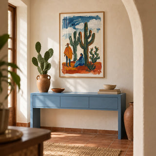 Desert Cactus Wall Art, framed on the wall of a hallway with a cream plaster arch and a terracotta floor