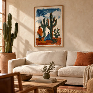 Desert Cactus Wall Art, framed on the wall of a warm desert-modern living room with limewashed plaster walls and a terracotta floor