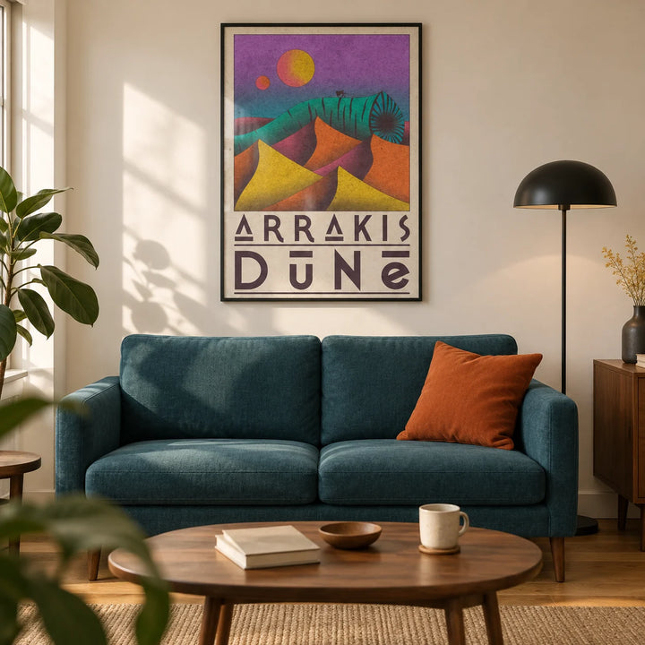 Desert Dunes Sci-Fi Poster, framed on the wall of a design-led living room in a UK city flat with warm off-white walls